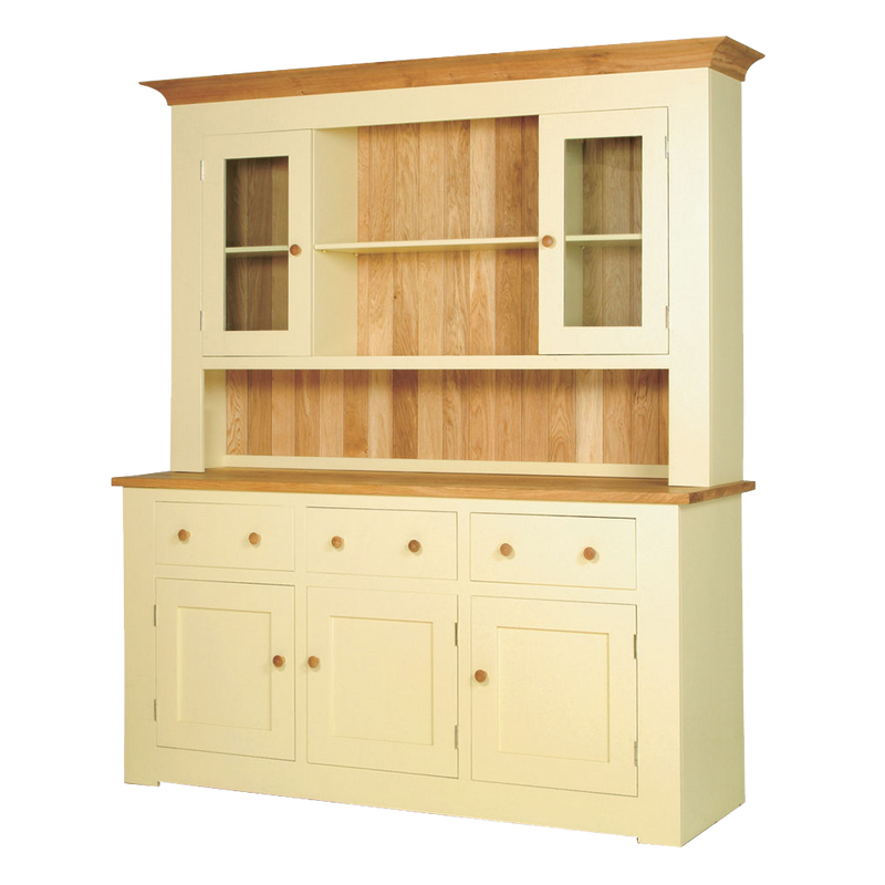 Provence painted dresser in cream paint with natural oak top, counter top and back board. oak knobs.