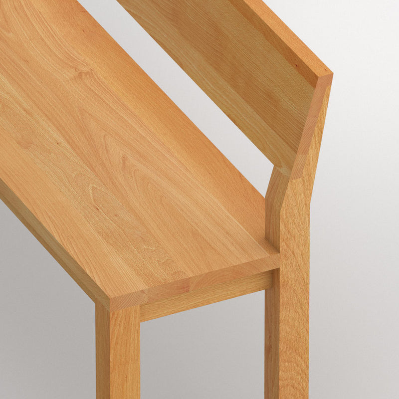 Pure wood bench in oak, solid wood seat and back,detail shot of angled back support