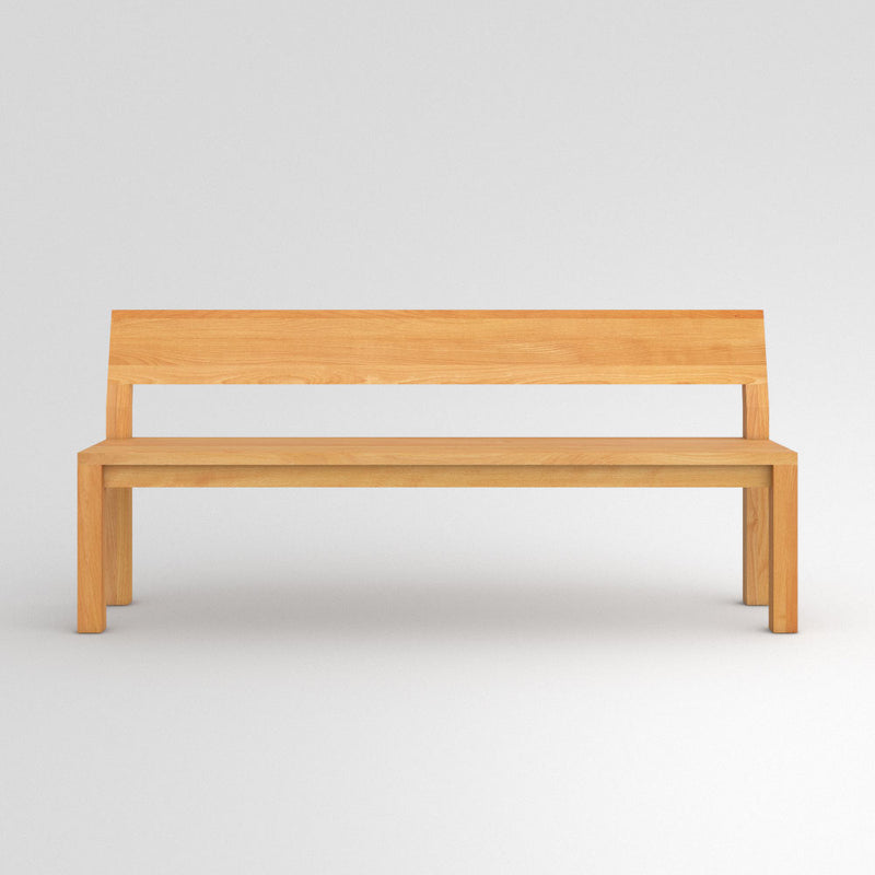 Pure wood bench in oak, solid wood seat and back,shown from front, square legs