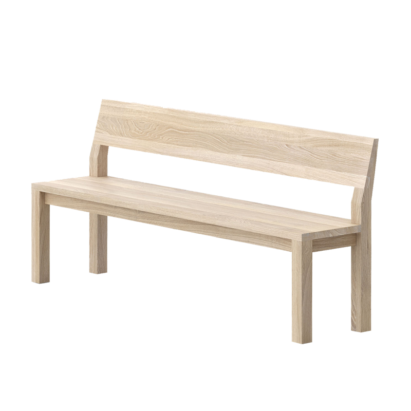 Pure wood bench with back in light oak, solid wood seat and back,