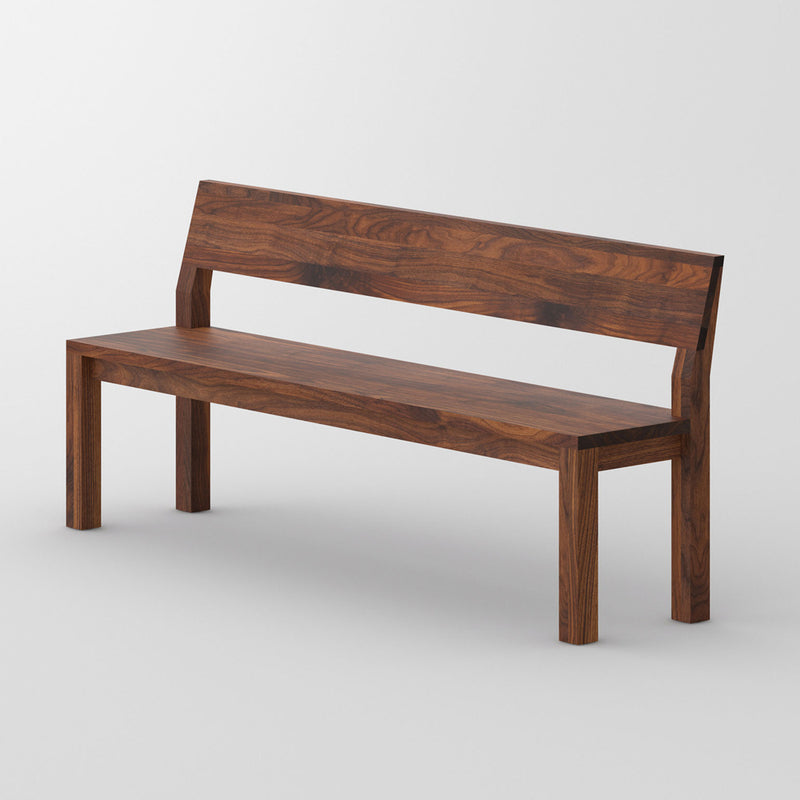 Pure wood bench in dark walnut, solid wood seat and back, angled shot of seat back