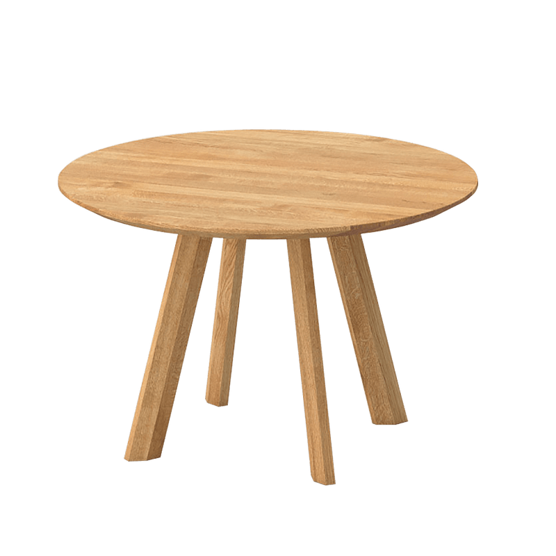 Rombi round oak table with four legs with rhombic leg profile