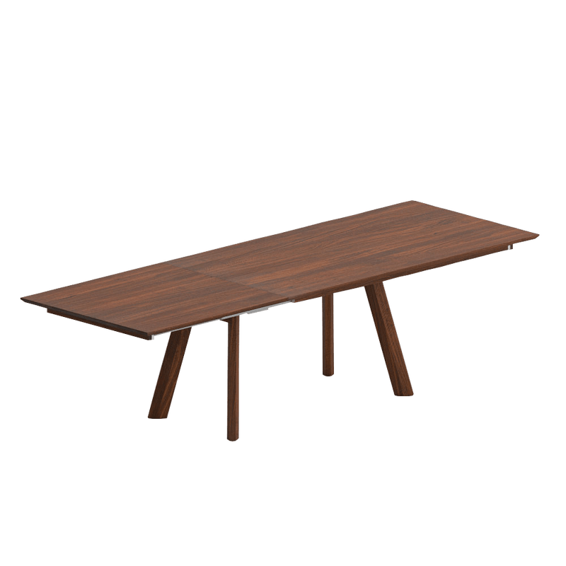 Rombi walnut dining table shown extended with 4 angled rhombic legs