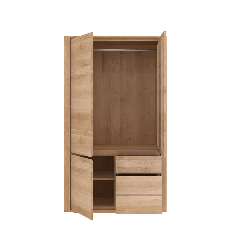 dresser wardrobe with open doors showing inner hanging rail towards the top and bottom shelf inside the lower section