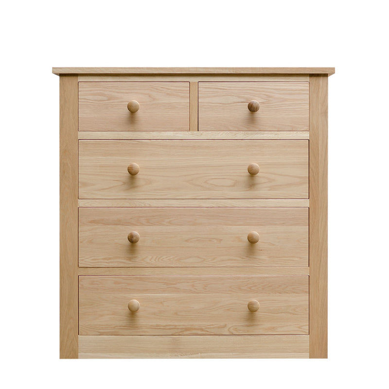 solid oak 2 over 3 chest of drawers with round wood knobs