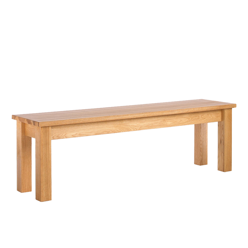 Studio bench sqaure legs and square edge top with overhang.
