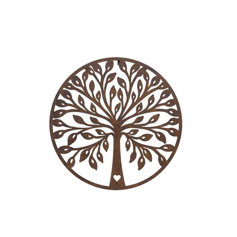 metal wall art, round plaque showing rust coloured tree of life with heart in the trunk