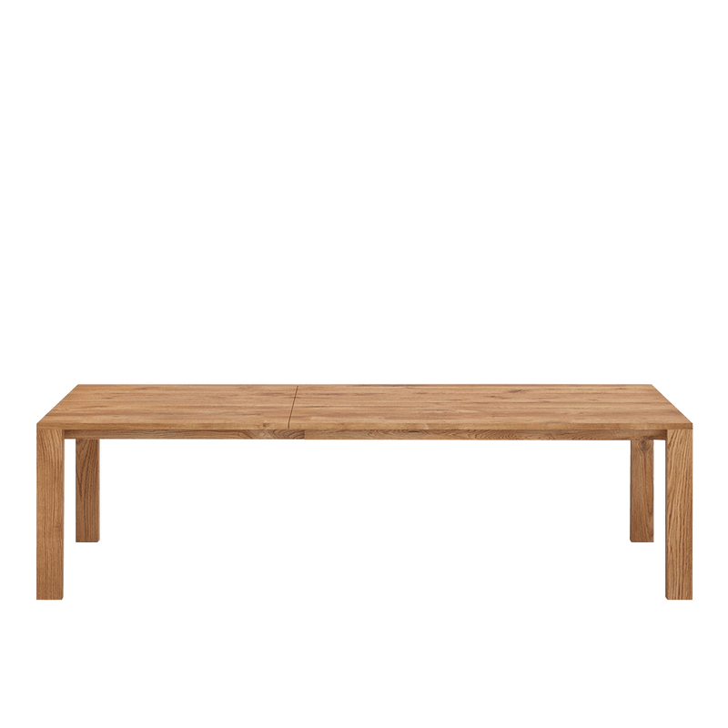 oak vario table with four legs at each corner and butterfly leaf extended
