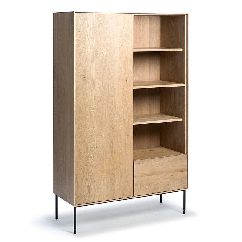 side profile of wb oak storage with door on left and open shelves on right