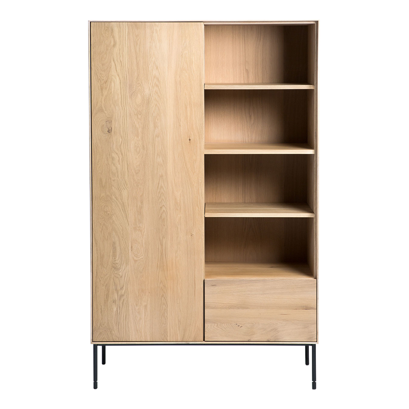 wb oak storage cupboard with open shelves over a drawer and black metal legs