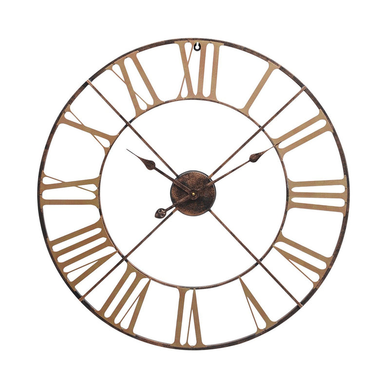 large skeleton wall clock with brass colour roman numerals