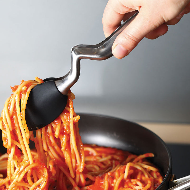 tongs lifting spaghetti in the silicone ends.