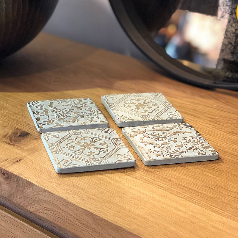 tile coaster side view, thick chunky tiles .
