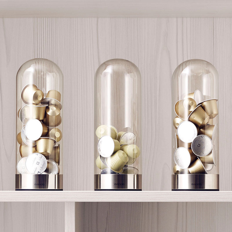 coffee pod dispenser, glass dome shaped container to fill with capsules. 