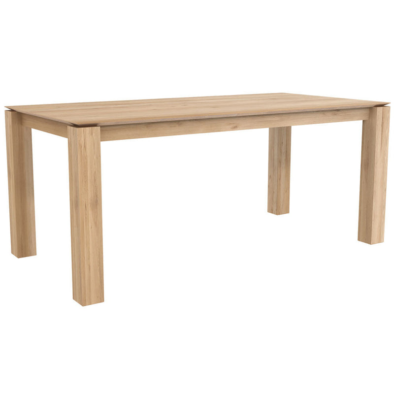 Oak planar table, angle view of angled shadow gap under table top.shown extended, square legs 
