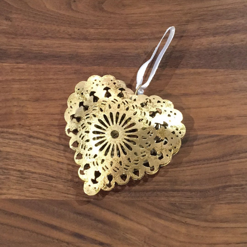Filigree gold metal hanging heart, cut out  design