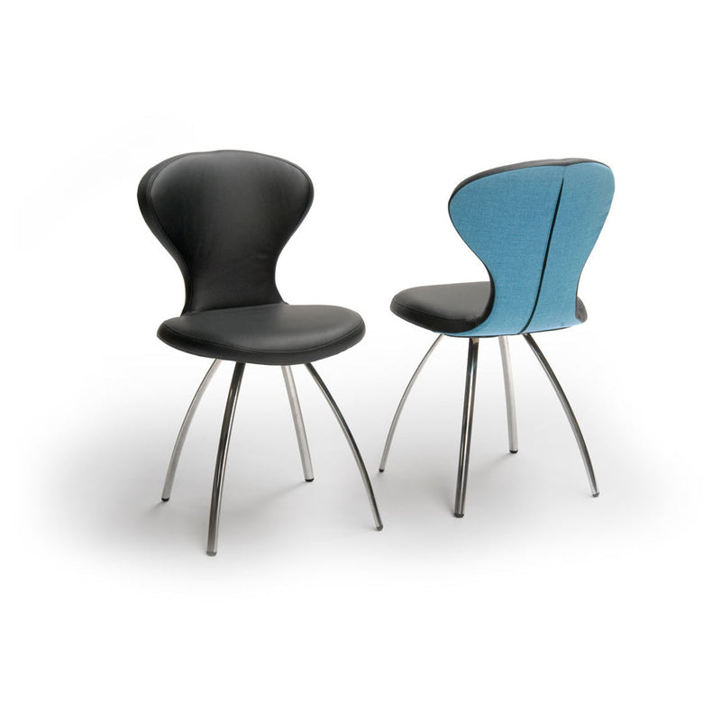 R1 dining chair bespoke options, shown in black leather with metal legs and blue back leather with metal legs