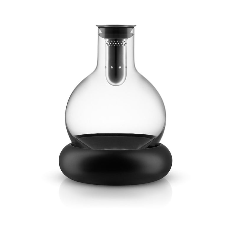 Cool decanter - empty, round clear glass container with steel and black silicone top.black base.