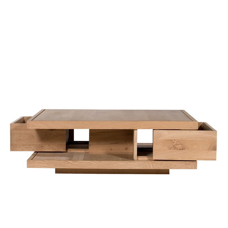 oak flat coffee table with drawers open