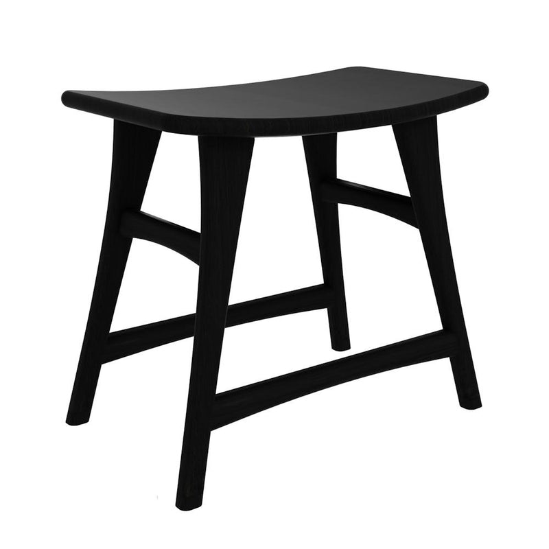 side view of black oak stool with curved seat and foot rest-dining table height