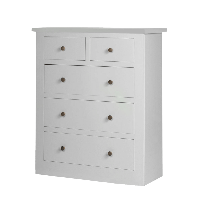 Provence painted chest of drawers  in all white paint and silver knobs . 