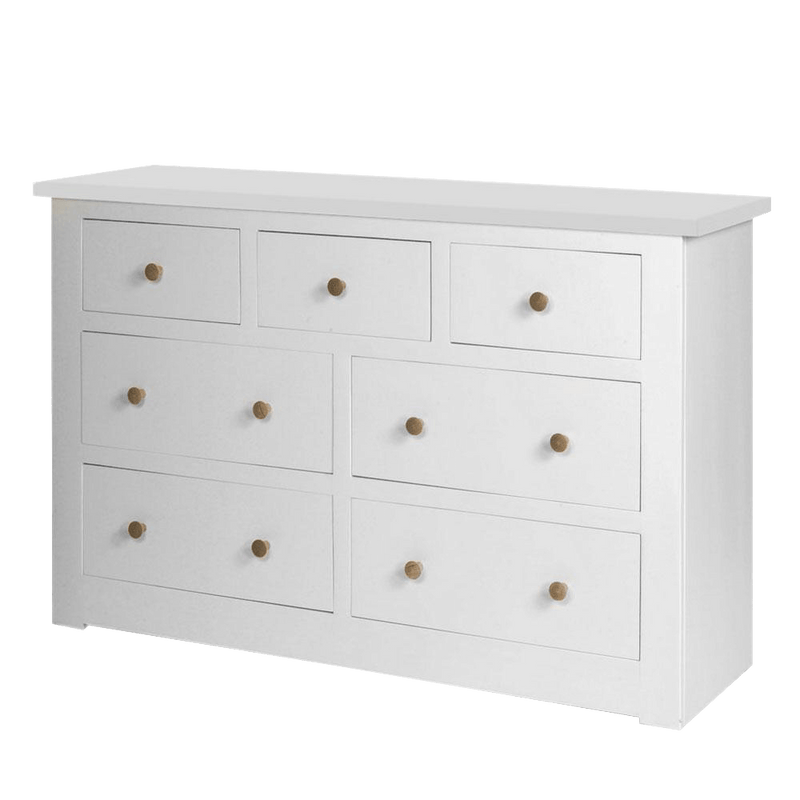 provence large chest of drawers, three small drawers on top, over two rows of two drawers. all white paint finish